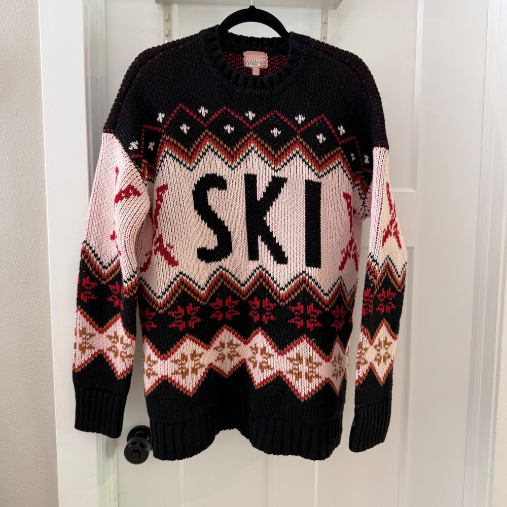 Show Me Your Mumu Ski In Crewneck Sweater Black Pink Fair Isle Knit Small